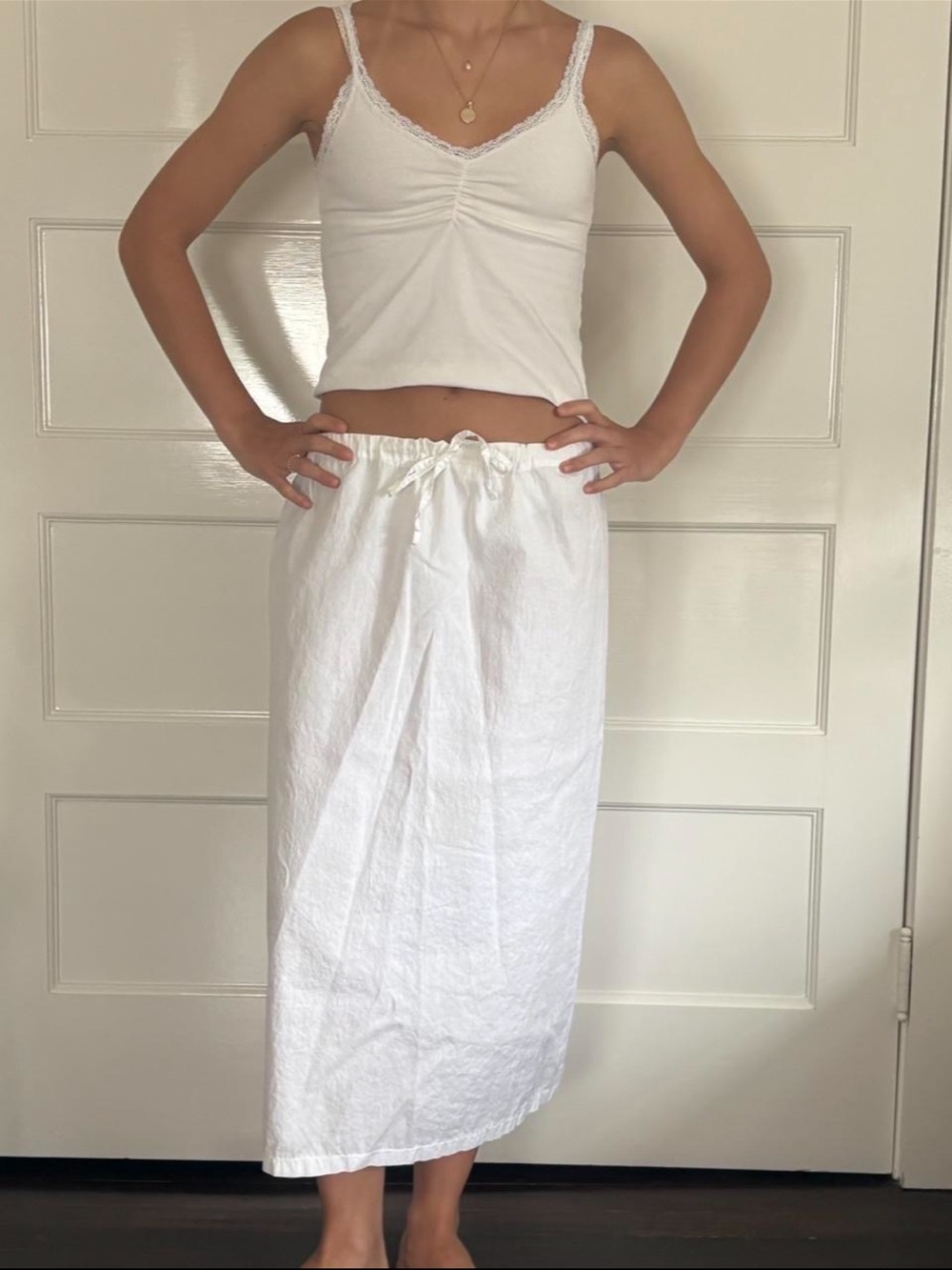 Women's White cotton Drawstring Midi Skirt